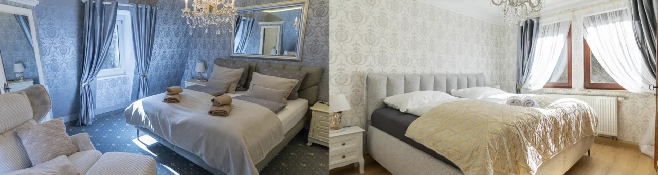 Die Suiten Nachtigall und Romantik im Schlössle Seeburg bieten elegante Einrichtung, großzügige Doppelbetten und ein stilvolles Wohlfühlambiente.