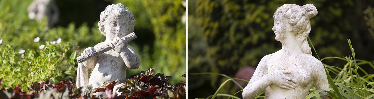 Zwei dekorative Gartenfiguren im Schlossgarten von SchlossFUN.