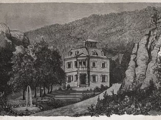 Historische Schwarz-Weiß-Grafik des Schlössle Seeburg mit Brunnen, Gartenanlage und bewaldeten Felsen im Hintergrund.